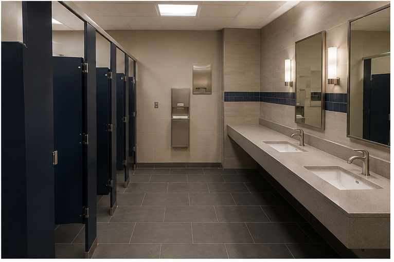 Finished commercial restroom remodel with dark floor tile, wall tile and new vanity sinks