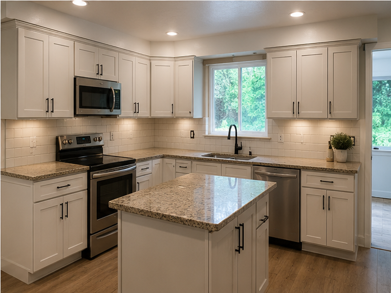 Finished kitchen remodel with new light cabinets, tile backsplash and island