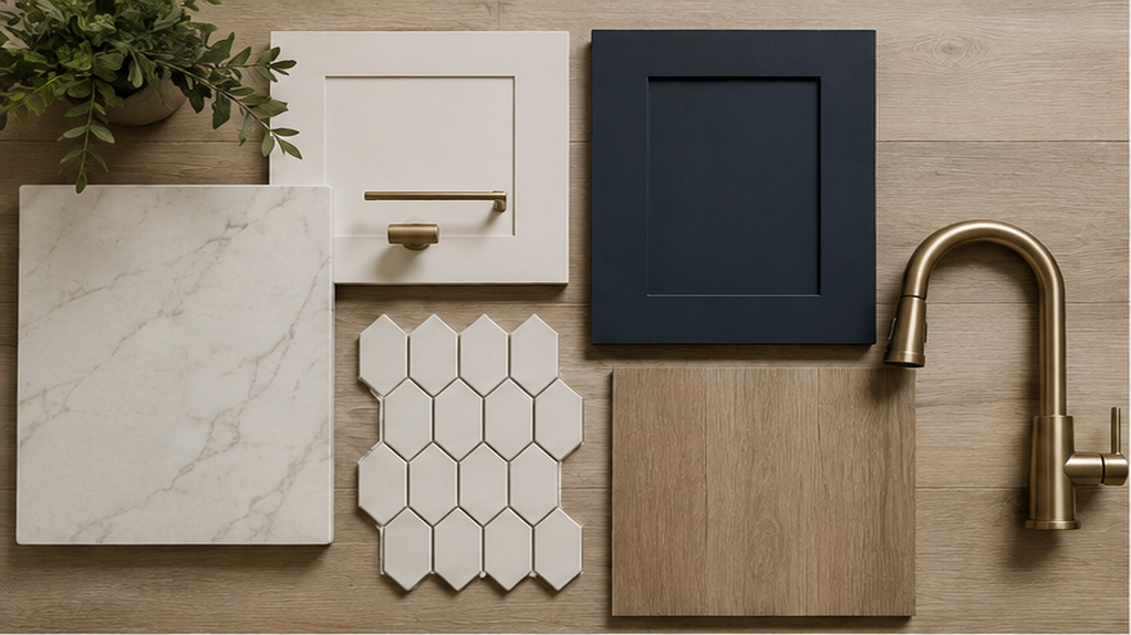 Kitchen material selection with cabinet doors, countertop samples, tile, hardware and faucet finishes