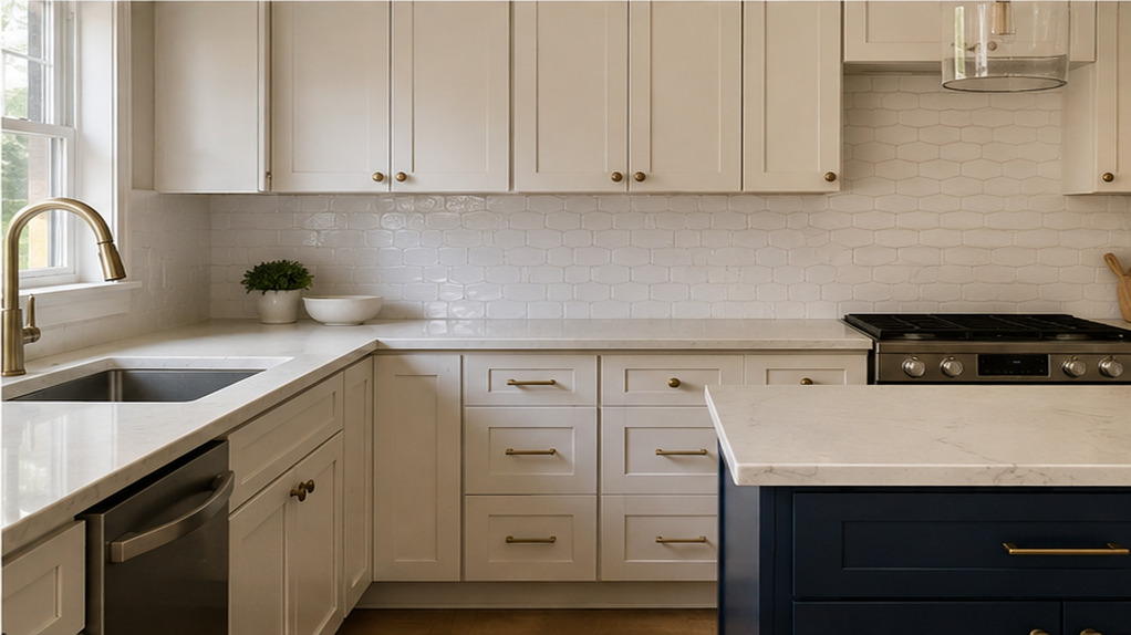 Finished kitchen with light cabinets, white countertop, tile backsplash and dark island detail