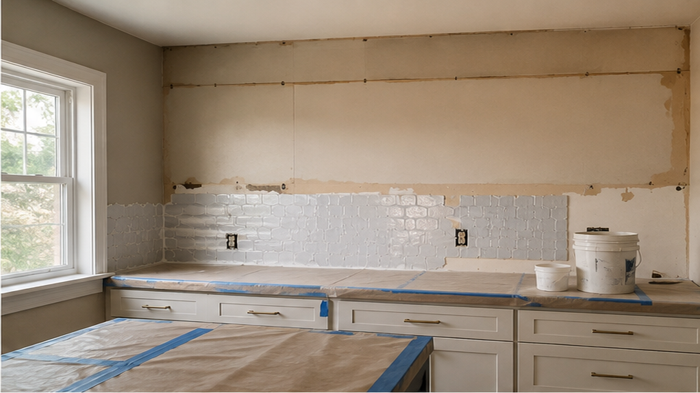 Kitchen preparation with protected countertops, selected backsplash tile and surfaces ready for installation