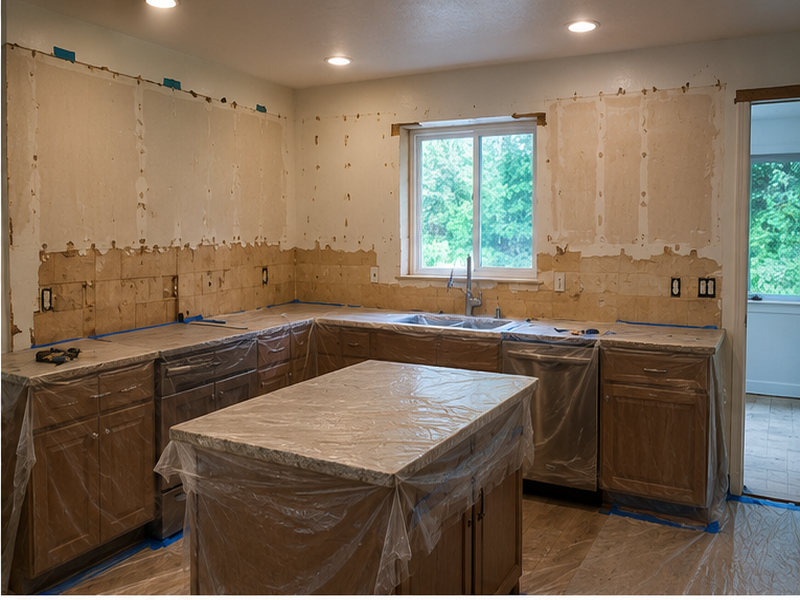 Kitchen remodeling preparation with cabinets removed, protected surfaces and the room ready for layout and installation