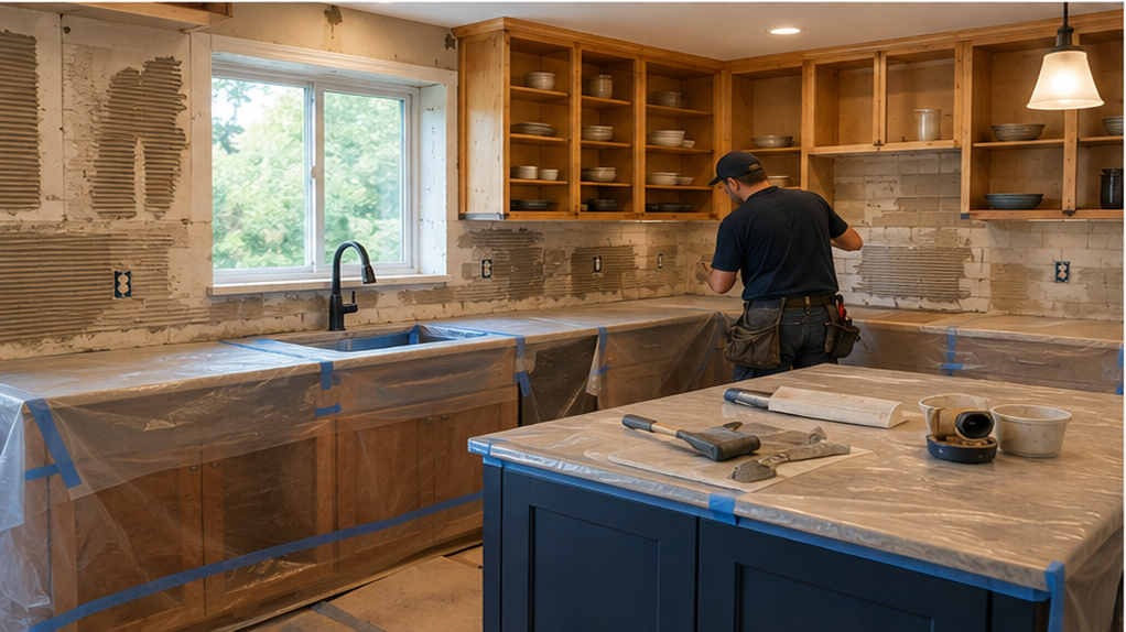 Kitchen remodeling construction with protected cabinets, prepared walls and tile installation work underway