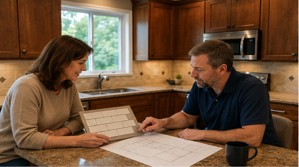 Kitchen remodeling consultation with a homeowner reviewing a tile sample and layout plan with the contractor