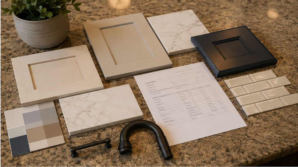 Kitchen remodeling planning materials with cabinet samples, countertop surfaces, tile and a project estimate