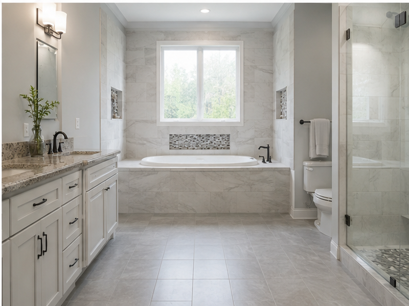 Finished master bathroom remodel with light tile, white vanity and glass shower