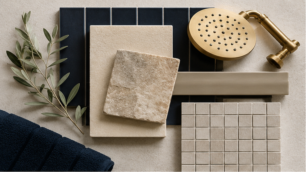 Bathroom remodeling material selection with navy tile, stone samples, brass shower fixture and mosaic tile