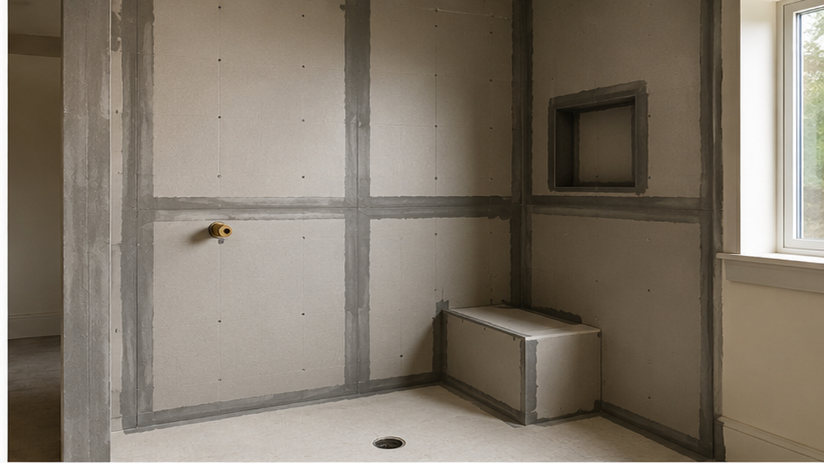 Bathroom shower substrate prepared for waterproofing with framed wall surfaces and a built-in bench