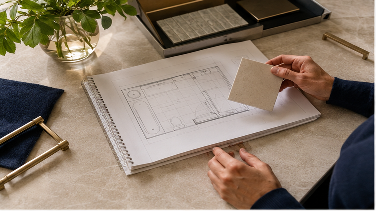 Bathroom remodel consultation with a room plan and tile sample reviewed on a work surface
