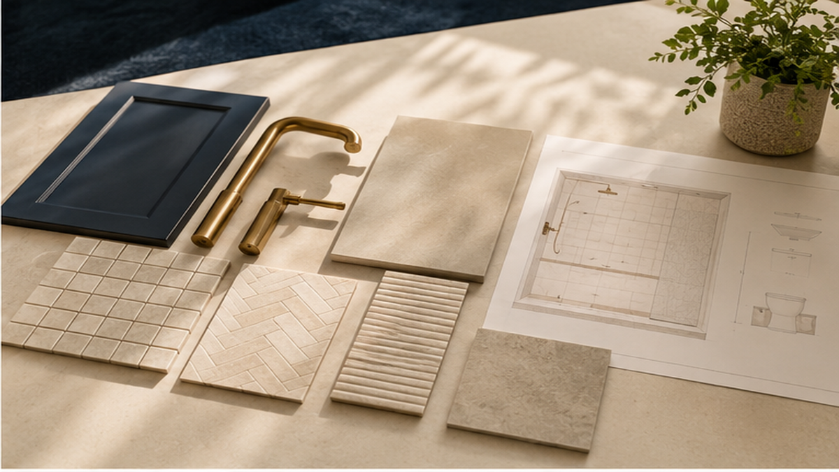 Bathroom remodeling materials, fixture finishes and room plan arranged for scope planning