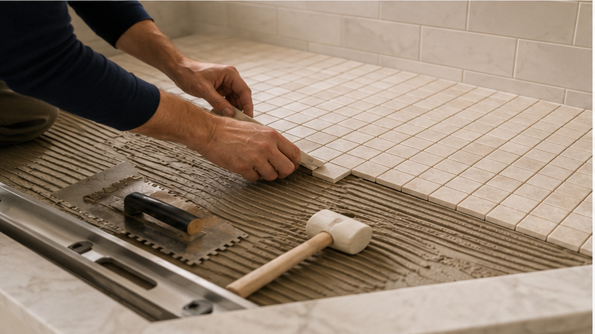 Careful bathroom tile installation with aligned mosaic pieces and clean professional tools