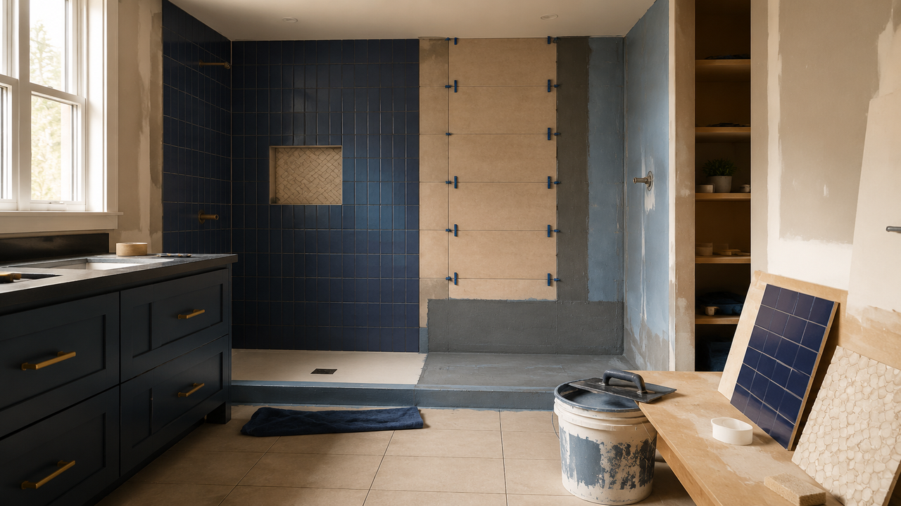 Bathroom remodeling in progress with dark blue shower tile, prepared wall surfaces, waterproofing work and selected tile samples