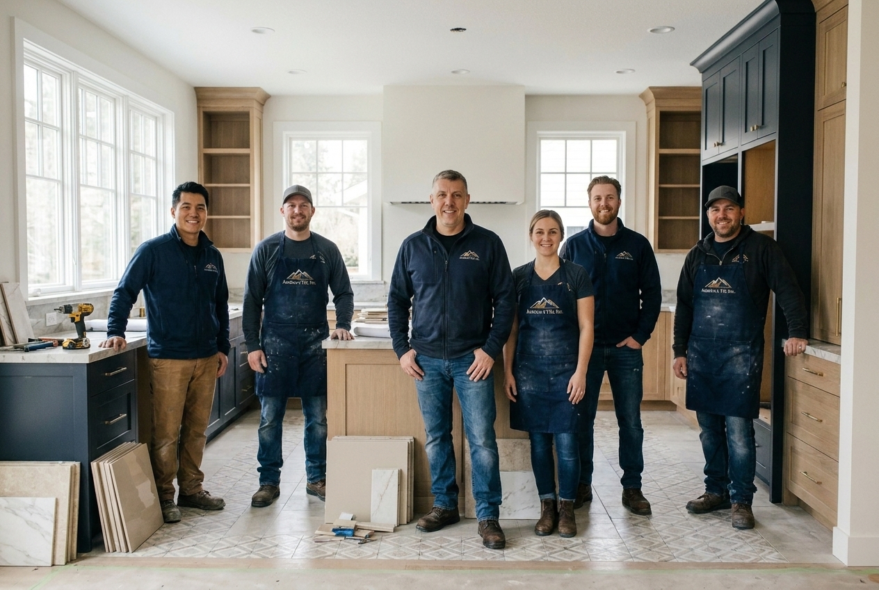 Andrew's Tile Inc. Team: A professional crew of skilled tile craftsmen and remodelers in branded workwear